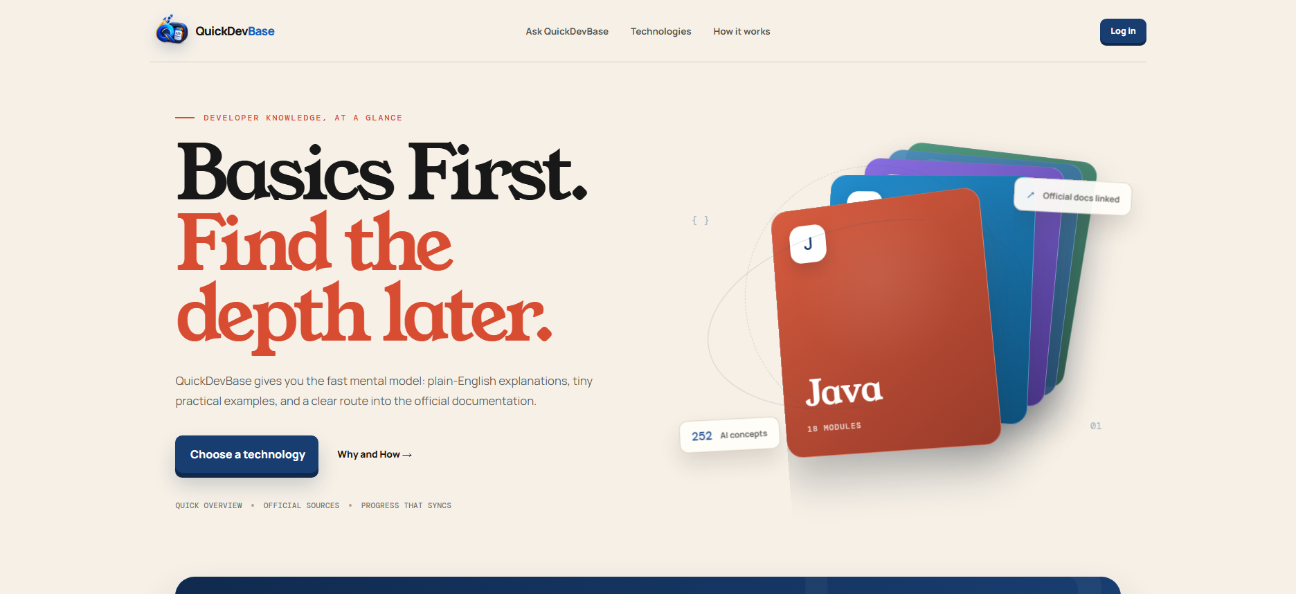 QuickDevBase homepage showing its developer learning paths